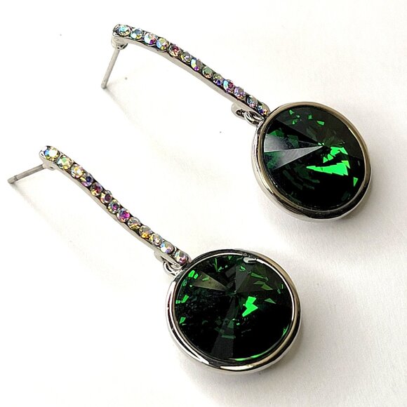 Green Crystal Silver Earrings - Picture 1 of 10